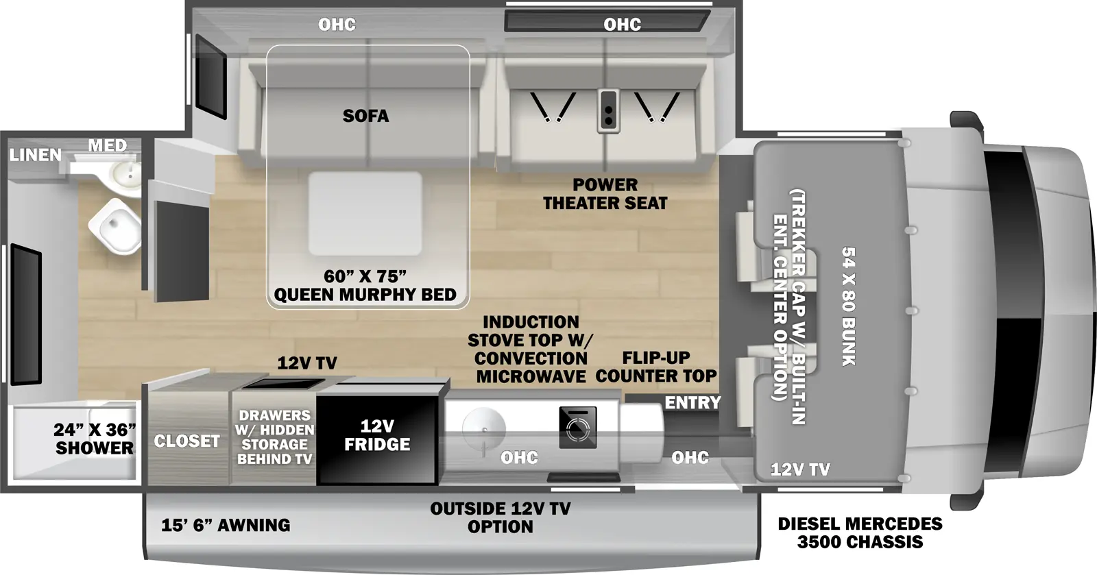 The 2401T is a class c with one slideout and one entry door. Exterior features a 15 foot 6 inch awning, and an optional 12 volt outside TV. Interior layout front to back: front cab with cab over bunk; off-door side slideout with power theater seating, queen murphy bed sofa, and overhead cabinets; door side entry, overhead cabinets, induction stove top with convection microwave, countertop with flip-up countertop extension, sink, 12 volt refrigerator, 12 volt TV with drawers and hidden storage behind, and closet; rear bathroom with linen cabinet. Optional Trekker cap with built-in entertainment center in place of cab over bunk.